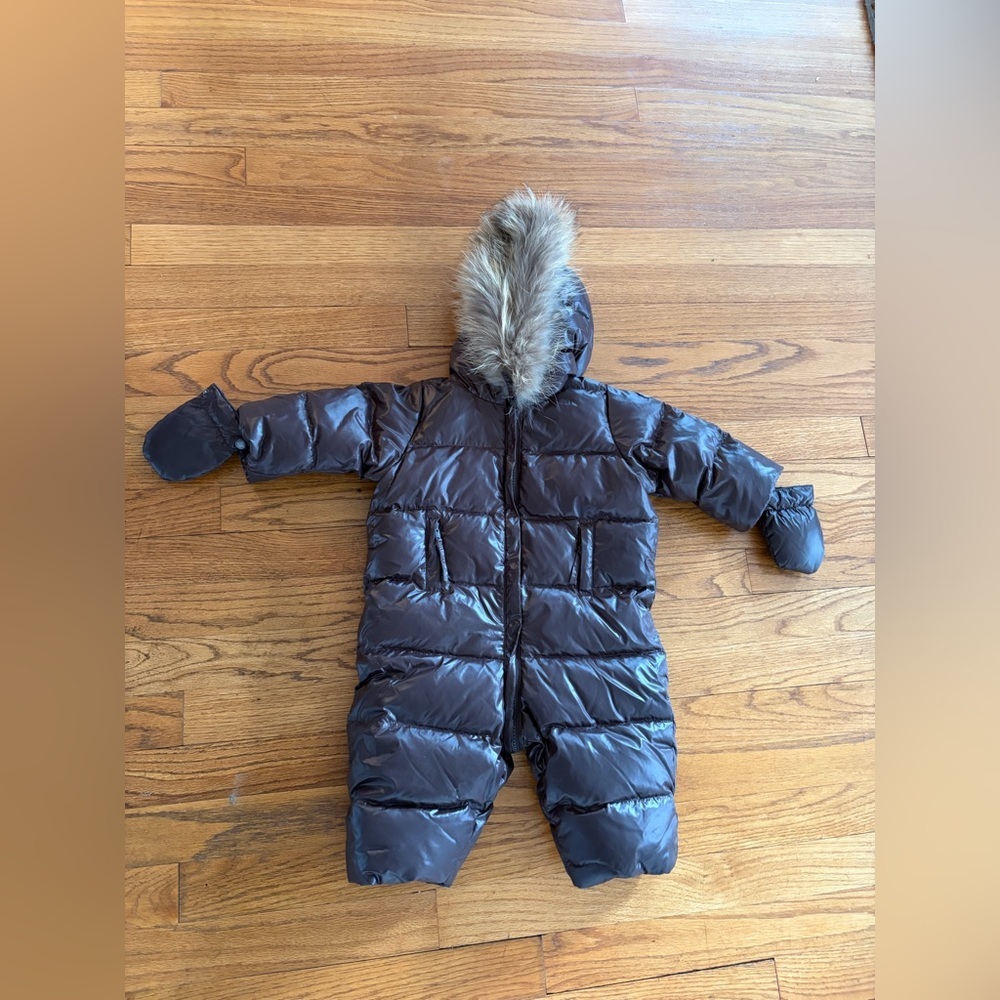 Bonpoint Chocolate Puffer Snow Suit with‎ Faux Fur Trim and attached mittens